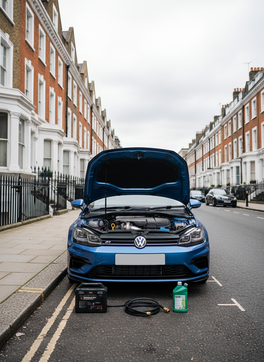 A wide, photographic realism shot of a modern hatchback parked at the curb on a typical London street lined with brick terraces, subtle double yellow lines, and black metal railings. The car’s bonnet is open, revealing a clean, accessible engine bay, while neatly coiled hoses, a portable battery starter, and sealed coolant bottle are arranged on the pavement beside it, all carefully spaced to suggest professional order and care. The sky is lightly overcast, providing soft, diffused lighting that eliminates harsh shadows and creates a calm, balanced look. Captured from a slightly elevated angle using the rule of thirds, the car occupies the foreground while the recognizable London streetscape gently blurs behind. The atmosphere is trustworthy, urban, and efficient, illustrating doorstep mechanical assistance anywhere in the city.