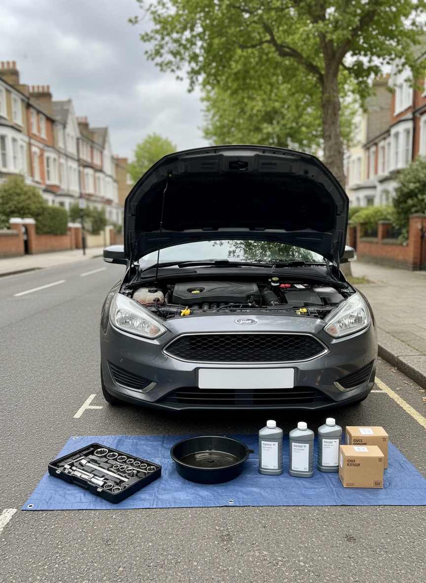 A clean, well-maintained family hatchback parked on a quiet London residential street, bonnet open to reveal a tidy engine bay with clearly visible oil cap, filters, and battery. Around the car, a compact, neatly arranged mobile mechanic toolkit is laid out on the tarmac: socket set, oil drain pan, new oil containers, and boxed filters, all branded generically. Soft overcast daylight typical of London gently illuminates the scene, creating even, natural shadows without harsh contrast. Shot at eye level with photographic realism and a shallow depth of field, the car and tools are in crisp focus while classic brick terraces and a distant double yellow line blur in the background. The mood is professional, calm, and reassuring, emphasizing convenience and trustworthy doorstep service.