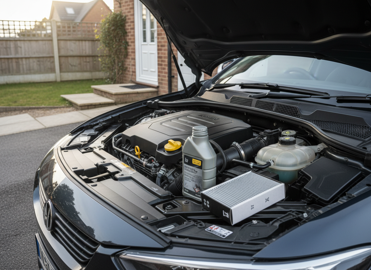 The interior of a modern car engine bay captured in photographic realism, focusing on the upper half of the engine where a bright yellow oil cap, a clean air filter housing, and accessible radiator header tank are clearly visible. A fresh, unopened oil container and boxed air filter sit neatly on the car’s front slam panel, ready for installation. The vehicle is parked on a quiet driveway beside a modest London brick house, hinted at by a softly blurred garden fence and front step in the background. Gentle late-morning natural light from the left side creates subtle highlights on plastic and metal components and soft, directional shadows that add depth without harshness. Composed with a slightly elevated three-quarter angle, the mood is calm, methodical, and professional, underscoring hassle-free home servicing for busy drivers.
