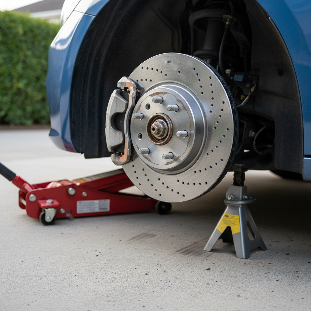 A close-up, photographic realism shot of a car’s front wheel assembly with the wheel removed, revealing pristine new brake discs and pads freshly installed, their metallic surfaces clean and slightly reflective. The car is safely supported on a sturdy low-profile jack and axle stand on a residential driveway paved with smooth concrete. Diffused afternoon daylight creates soft highlights on the metal surfaces and gentle shadows beneath the car, enhancing the sense of depth. The composition uses a slightly low angle and tight framing, focusing attention on the gleaming brake components while the car’s bodywork and a blurred suburban hedge fade into the background. The atmosphere is highly professional and technical, conveying precision, safety, and expert mobile brake servicing at home.