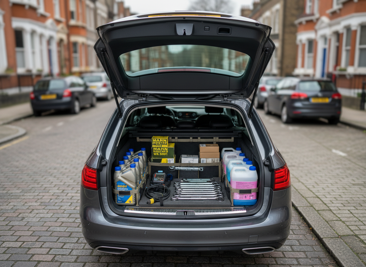An overhead, photographic realism view of a tidy mobile mechanic setup in the boot of a modern estate car, tailgate open on a London side street. Inside the boot, clearly organized compartments hold engine oil bottles, new air and fuel filters in labeled boxes, radiator coolant containers, torque wrenches, and diagnostic tools, all arranged with meticulous order. Soft, cloudy daylight from above creates an even, neutral lighting with subtle reflections on plastic and metal surfaces. The surrounding scene shows faintly blurred brick facades and parked cars, emphasizing the urban mobile service context. The composition uses a centered, top-down perspective to highlight organization and readiness. The mood is efficient, professional, and reassuring, suggesting a well-prepared mobile workshop that comes directly to the customer’s door.