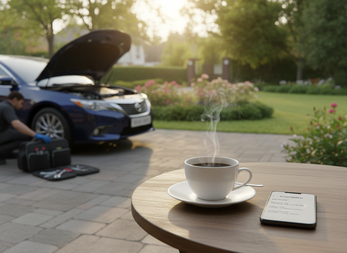 A cozy home scene where a small wooden patio table holds a neatly arranged coffee setup: a pristine white ceramic coffee cup with a gentle gloss, resting on a saucer beside a smartphone displaying a generic booking confirmation screen for a car service. In the mid-ground on a private driveway, slightly out of focus, a car with its bonnet raised suggests work in progress, with a compact tool bag open near the front bumper. Soft early-morning natural light bathes the scene, casting warm highlights on the cup and subtle shadows across the table. Photographic realism with a shallow depth of field keeps the coffee and phone in sharp focus while the car and suburban greenery blur into a pleasant bokeh. The mood is relaxed yet professional, emphasizing the convenience of enjoying a coffee at home while the car is serviced outside.